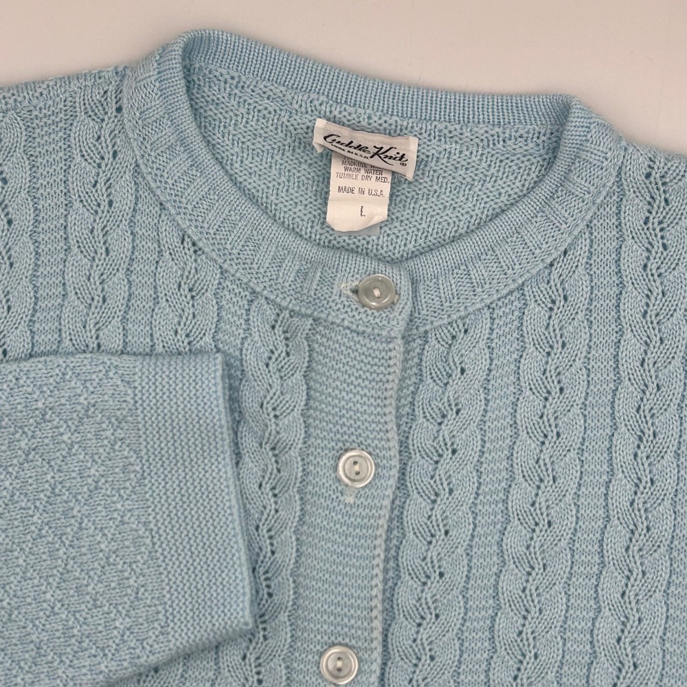 VTG‎ Cuddle Knit Cardigan Sweater Womens Baby Blue Button Up Size L USA Granny